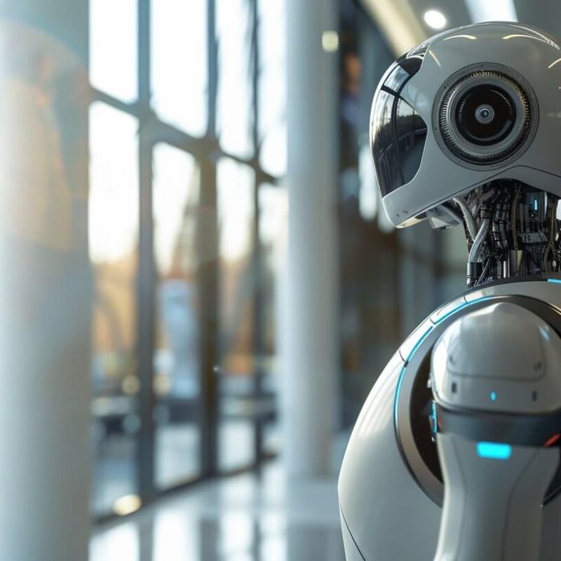 Ein Roboter schaut aus dem Fenster. Er scheint in Gedanken versunken zu sein.