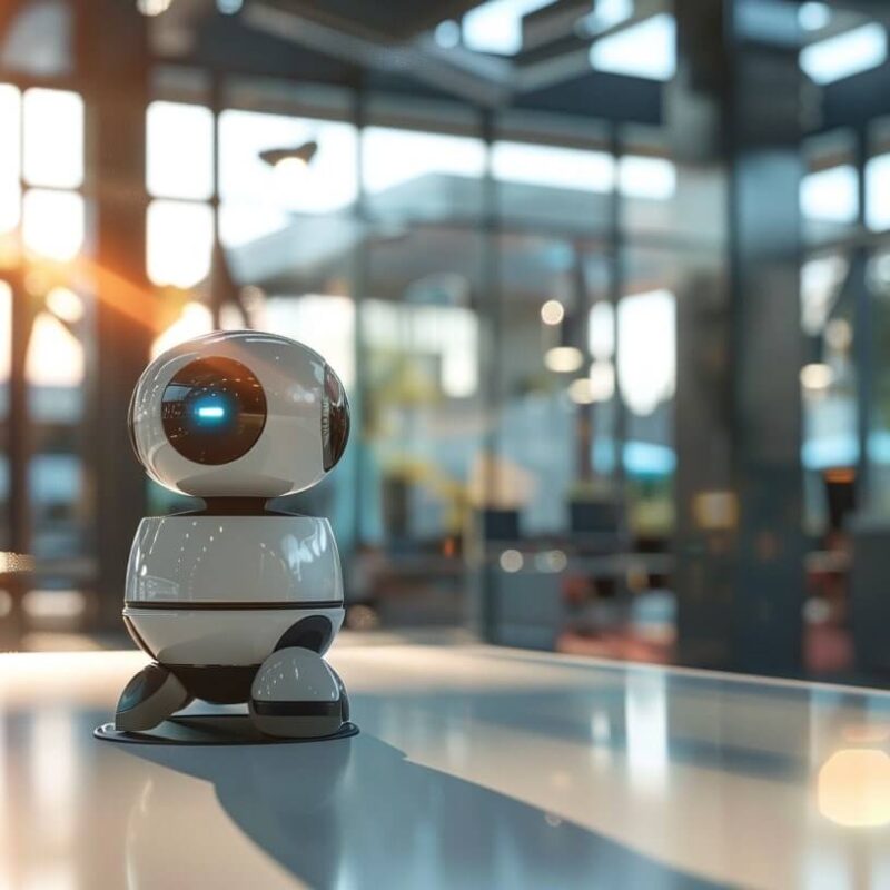 ein kleiner Roboter steht auf einem Tisch, er ist niedlich anzuschauen