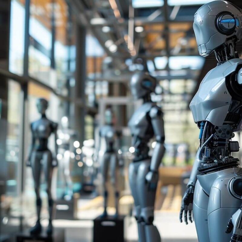 Eine Ausstellung von verschiedenen Robotern in einer Eingangshalle. Sie stehen als Display auf kleinen Sockeln.