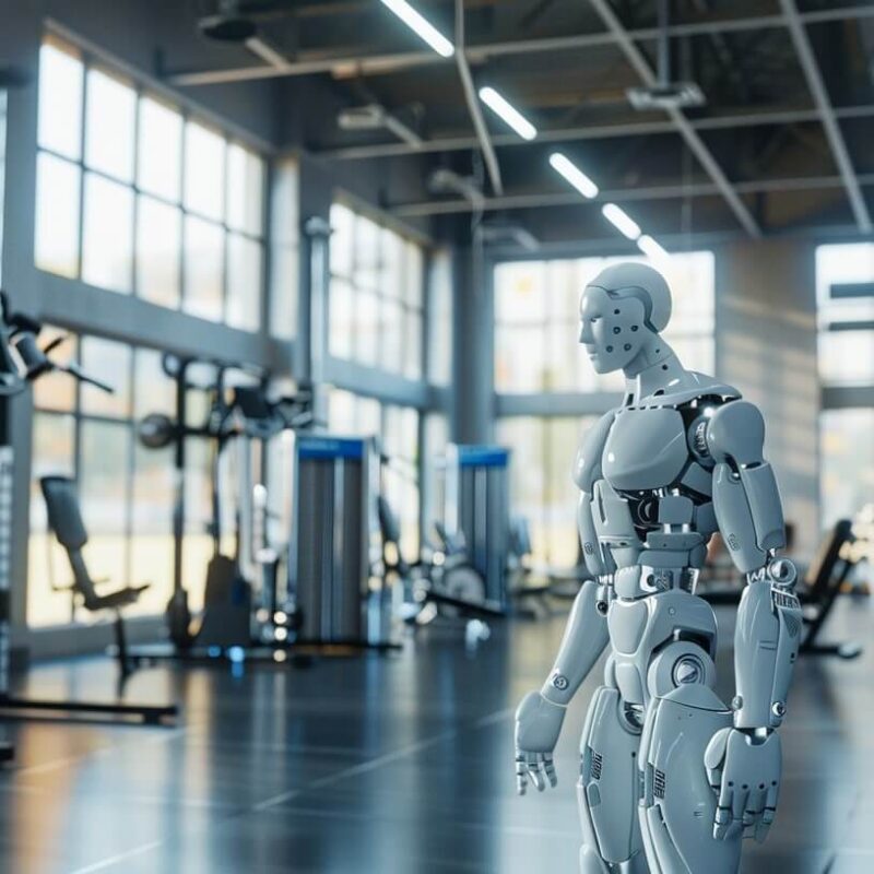 Ein Roboter im Fitnessstudio, diverse Trainingsgeräte im Hintergrund